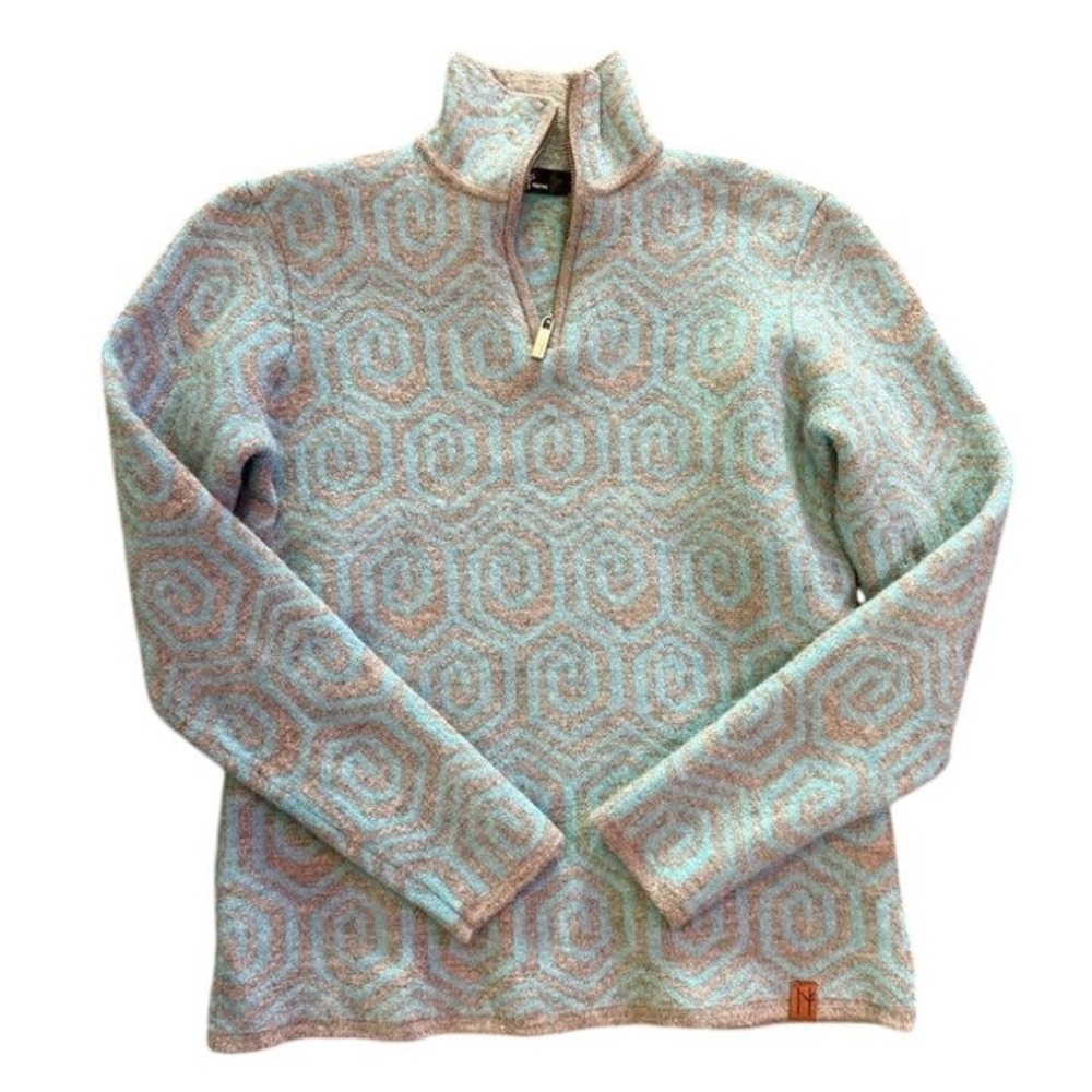 Neve Quarter Zip Sweater Women Medium Blue Grey Geometric Knit Mock Neck